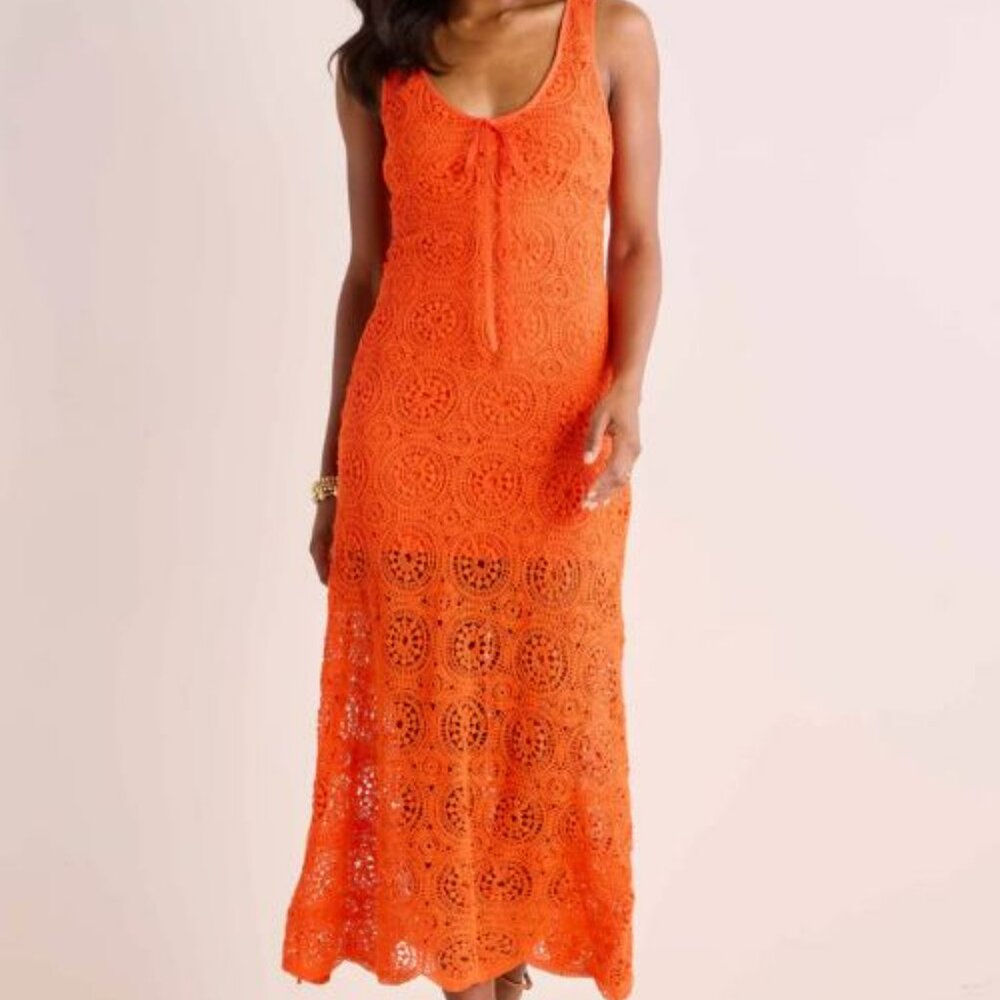 AVARA Joey Dress Orange Crochet Midi Dress Size M